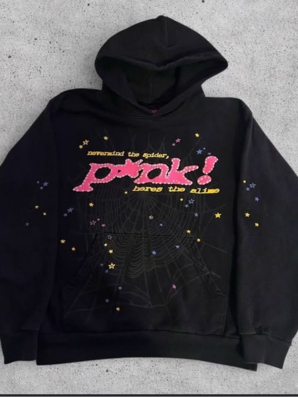 Black Graphic sp5der Hoodie Sweatshirt with Pink 'pwok!'